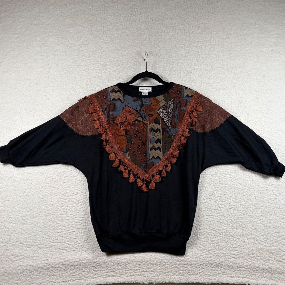 Vtg Hana Lee Sweatshirt Women Style Tassel S Black Boho Southwestern Eclectic
